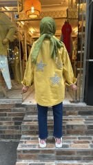 7486 Yıldızlı Zımbalı Kot Ceket - Sarı