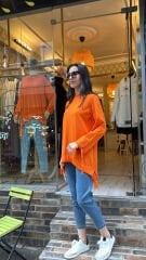 3111 Kolları Büzgülü Tunik - Turuncu