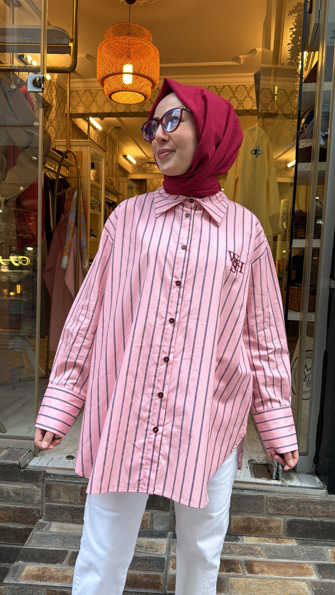 1627 Retro Çizgili Gömlek - Pudra