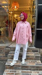 1627 Retro Çizgili Gömlek - Pudra