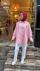 1627 Retro Çizgili Gömlek - Pudra