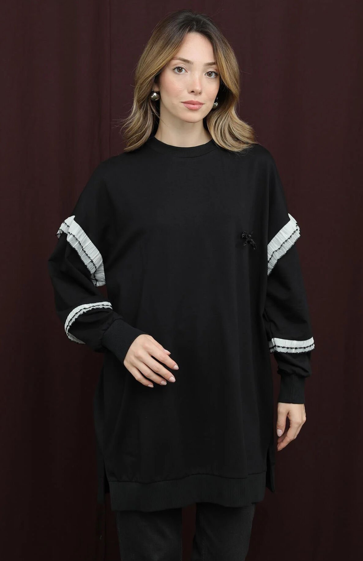 10718 Tül Fırfırlı Sweat - Siyah