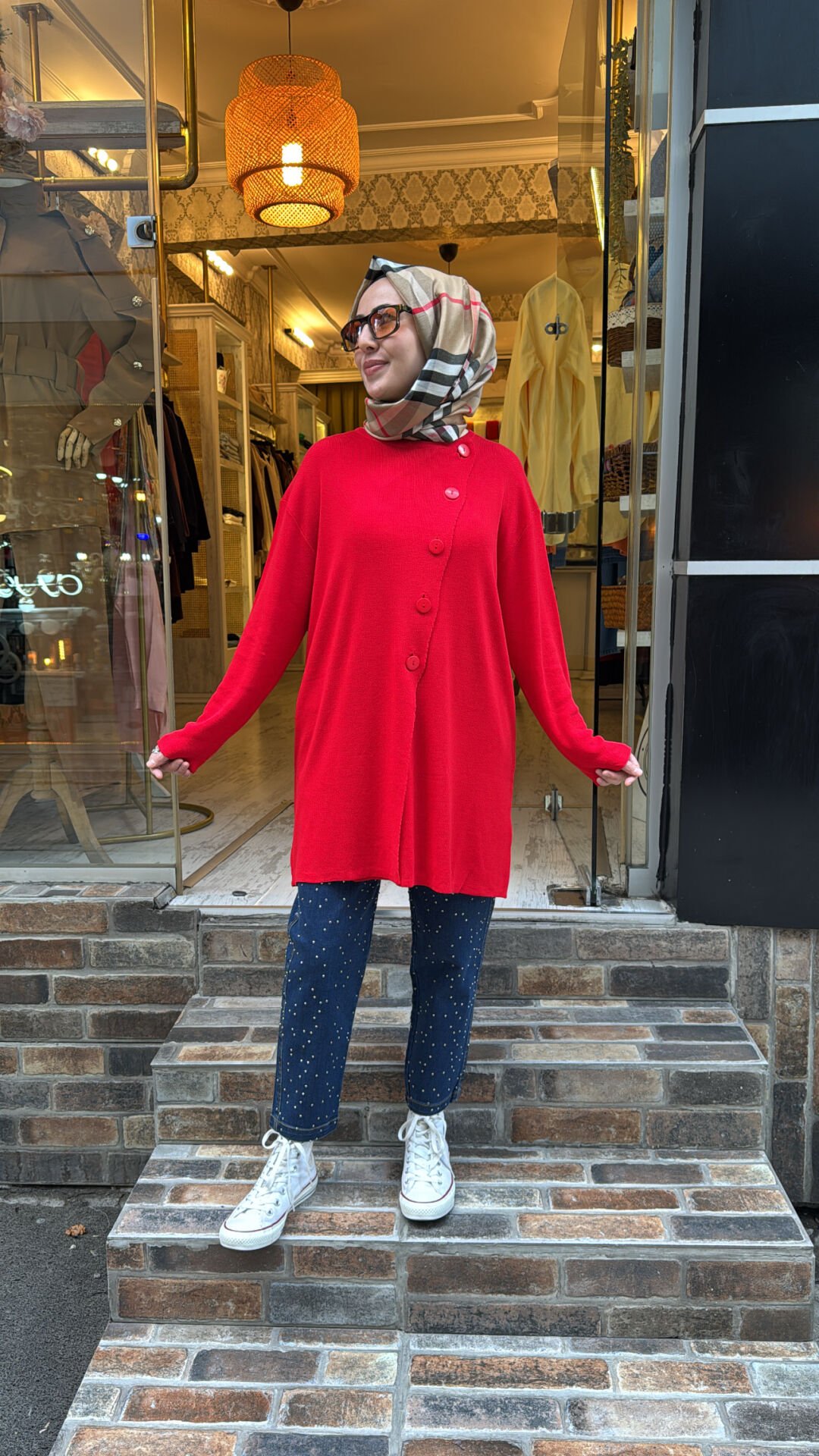 1789 Yanı Düğmeli Hırka - Kırmızı