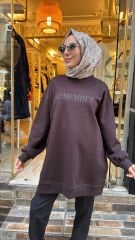 35782 Baskı Ve Taşlı Sweat - Kahve