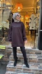 35782 Baskı Ve Taşlı Sweat - Kahve