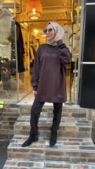 35782 Baskı Ve Taşlı Sweat - Kahve