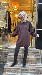 35782 Baskı Ve Taşlı Sweat - Kahve