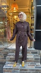 5125 Çiçekli Kemerli Takım - Kahve