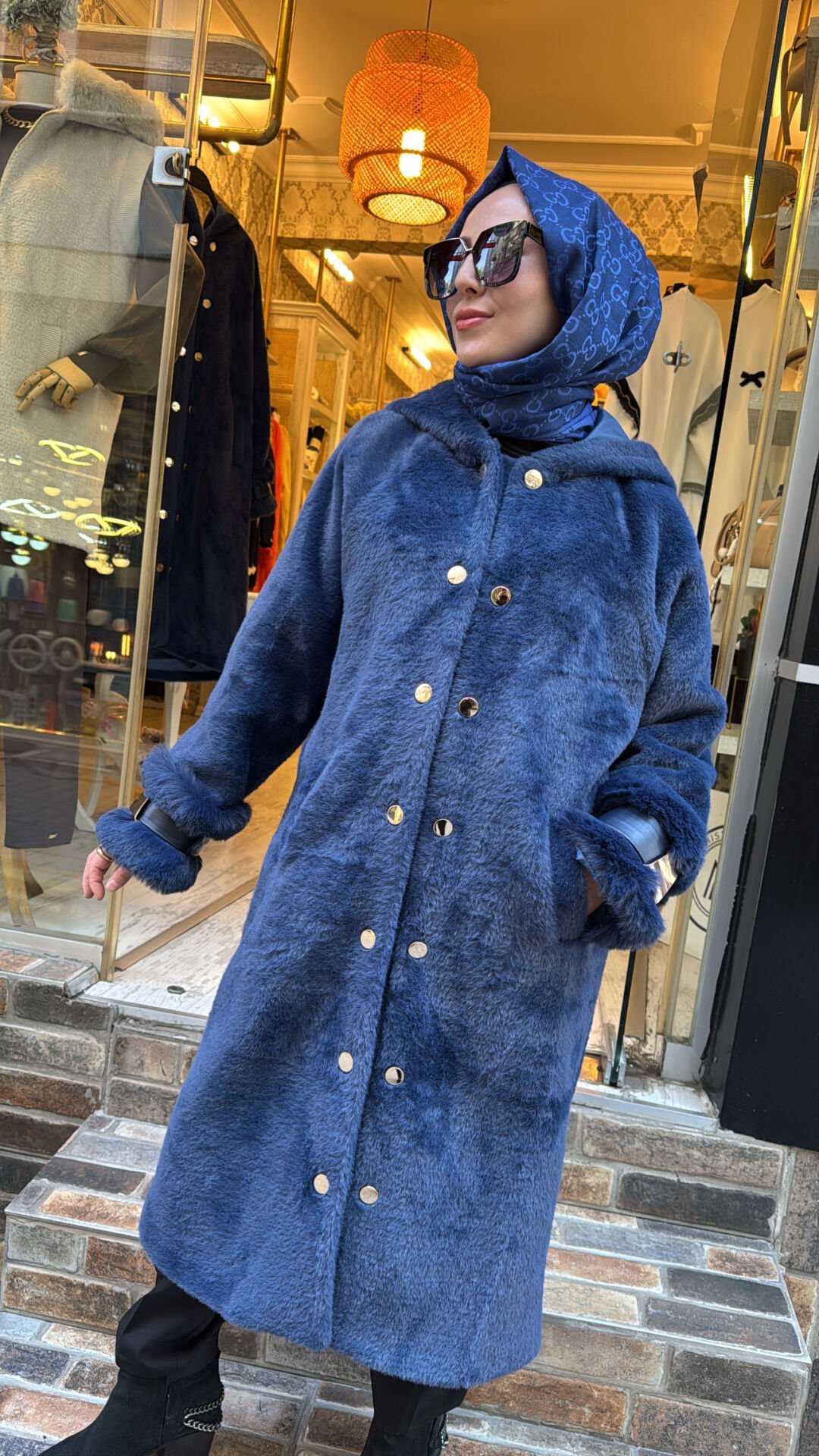 10840 Angora Kürklü Kaban - Lacivert