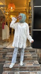 10773 Fistolu Penye Tunik - Beyaz
