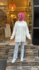 2004 Taşlı İncili Gömlek - Ekru