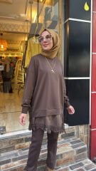 10766 Asimetrik Tüllü Sweat - Kahve