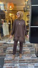 10766 Asimetrik Tüllü Sweat - Kahve
