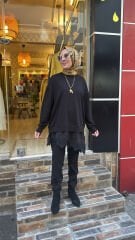 10766 Asimetrik Tüllü Sweat - Siyah