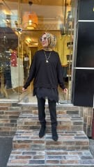 10766 Asimetrik Tüllü Sweat - Siyah