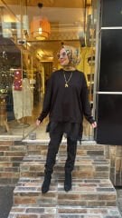 10766 Asimetrik Tüllü Sweat - Siyah