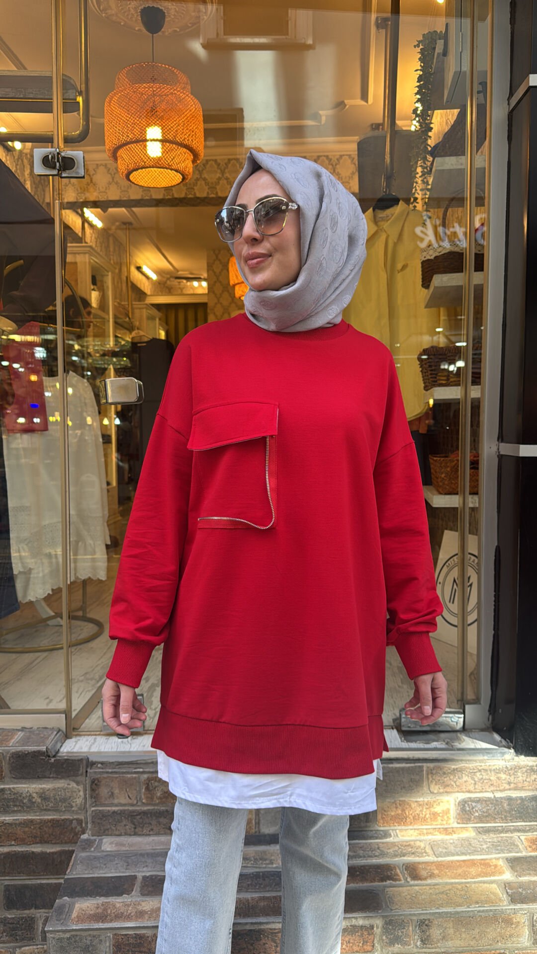 10765 Cebi Fermuarlı Gömlekli Sweat - Kırmızı