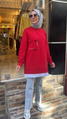10765 Cebi Fermuarlı Gömlekli Sweat - Kırmızı