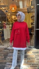 10765 Cebi Fermuarlı Gömlekli Sweat - Kırmızı