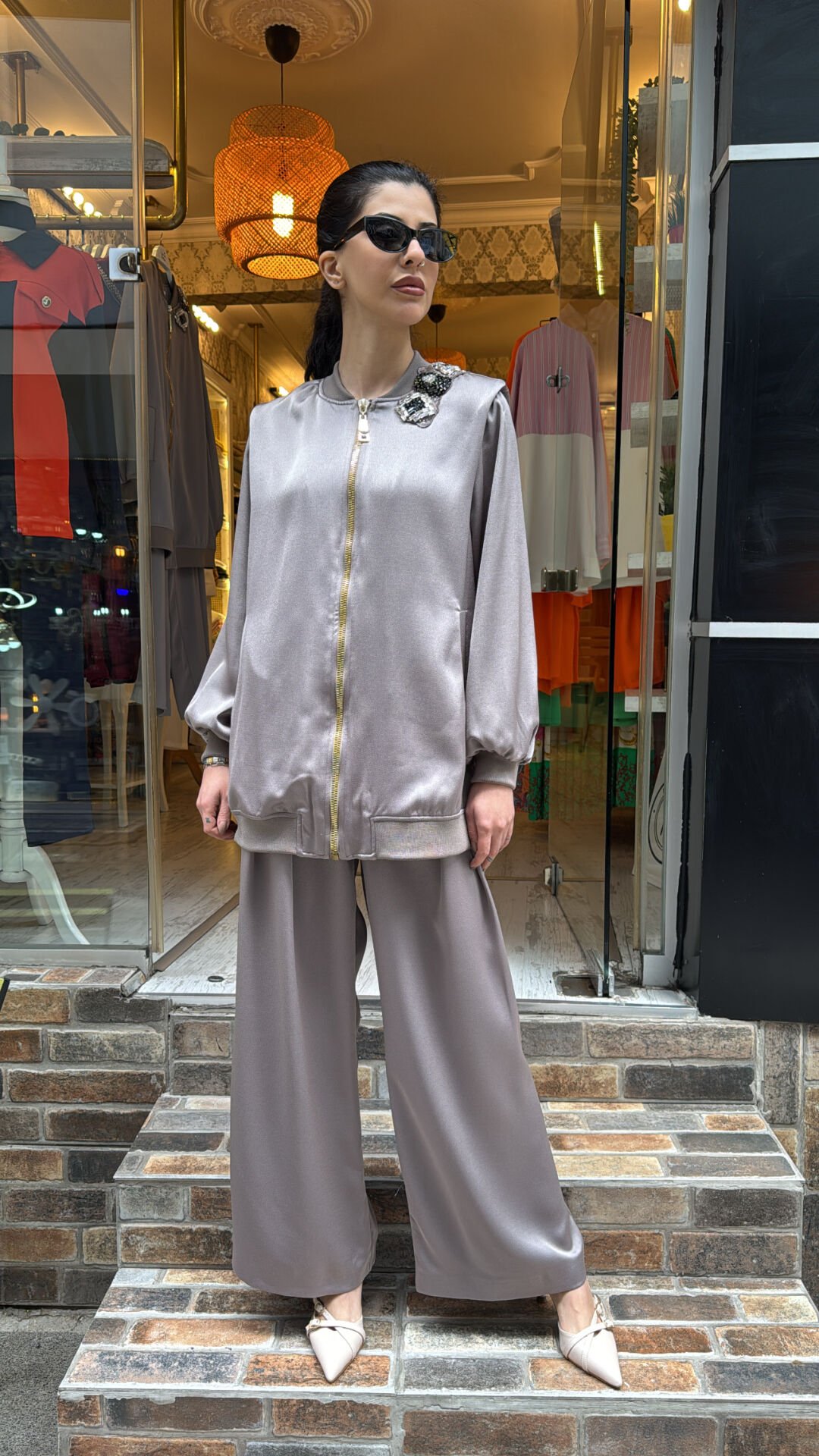 4808 Parlak Taşlı Takım - Vizon