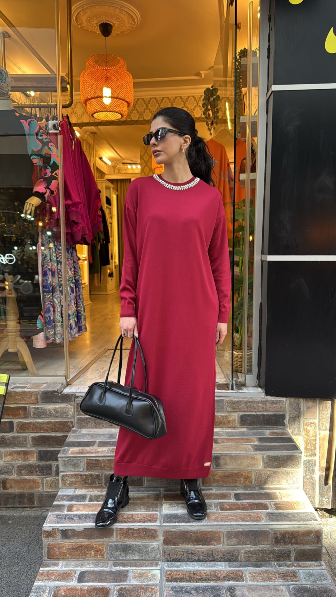 4712 Taşlı Triko Elbise - Vişne