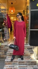 4712 Taşlı Triko Elbise - Vişne