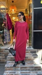 4712 Taşlı Triko Elbise - Vişne