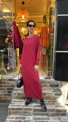 4712 Taşlı Triko Elbise - Vişne