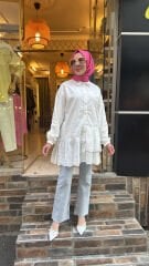 1376 Fistolu Asimetrik Gömlek - Beyaz