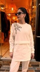 4696 Taşlı Angora Saten Tunik - Ekru