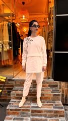 4696 Taşlı Angora Saten Tunik - Ekru