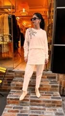 4696 Taşlı Angora Saten Tunik - Ekru