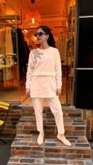 4696 Taşlı Angora Saten Tunik - Ekru