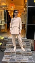 4696 Taşlı Angora Saten Tunik - Bej