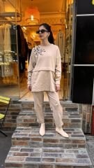 4696 Taşlı Angora Saten Tunik - Bej