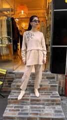 4696 Taşlı Angora Saten Tunik - Bej