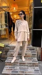 4696 Taşlı Angora Saten Tunik - Bej