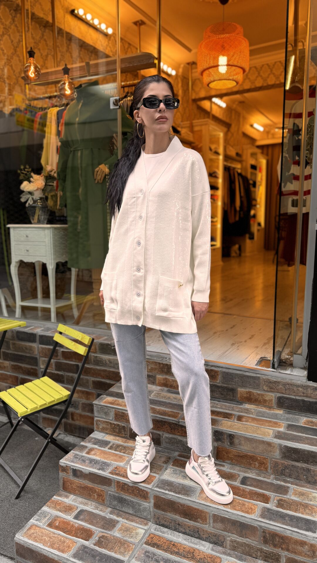 4589 Payetli Triko Hırka - Ekru