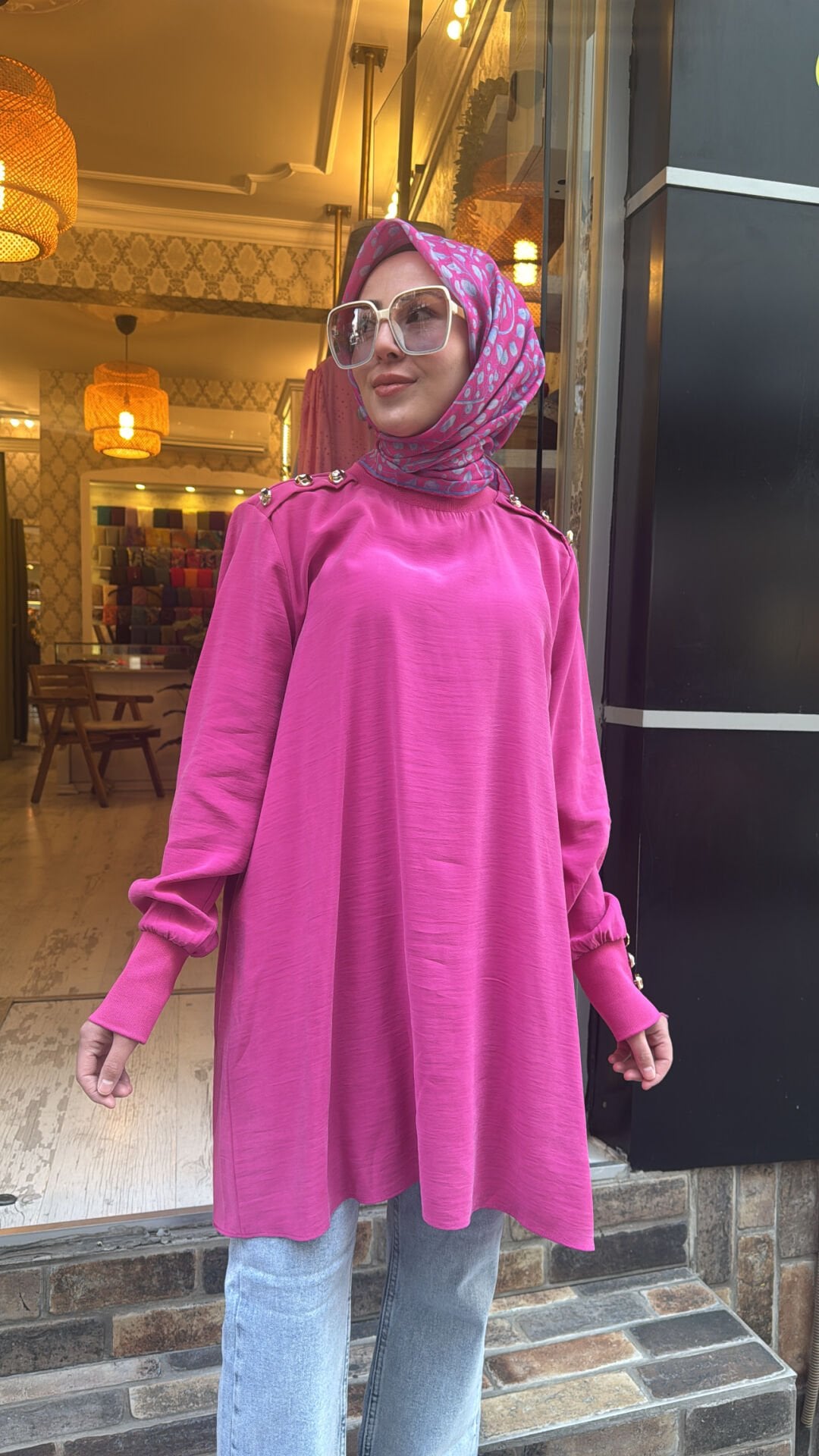 4653 Omzu Düğmeli Tunik - fuşya