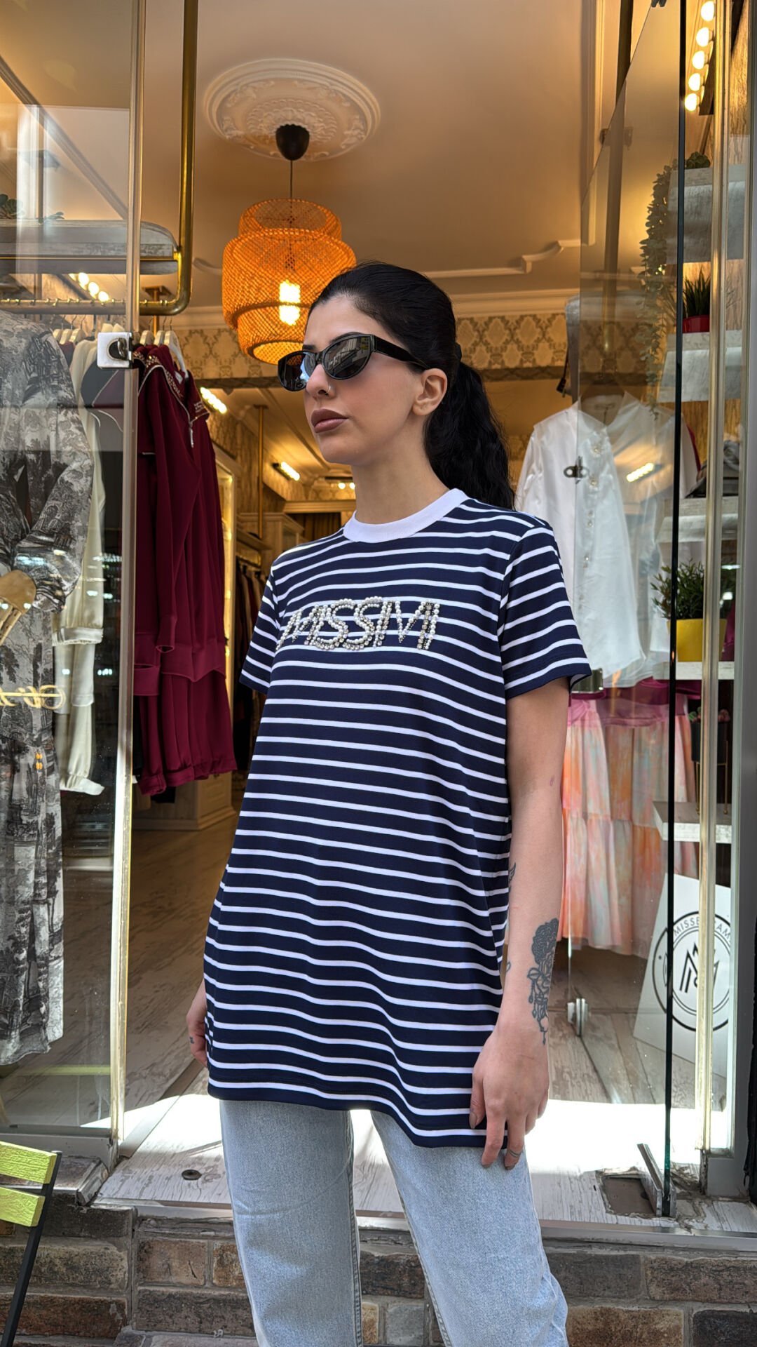 4734 Taşlı Çizgili Tshirt - Lacivert