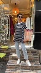 4734 Taşlı Çizgili Tshirt - Siyah