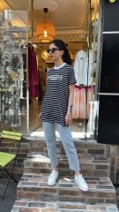 4734 Taşlı Çizgili Tshirt - Siyah