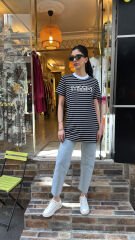 4734 Taşlı Çizgili Tshirt - Siyah