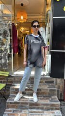 4734 Taşlı Çizgili Tshirt - Siyah