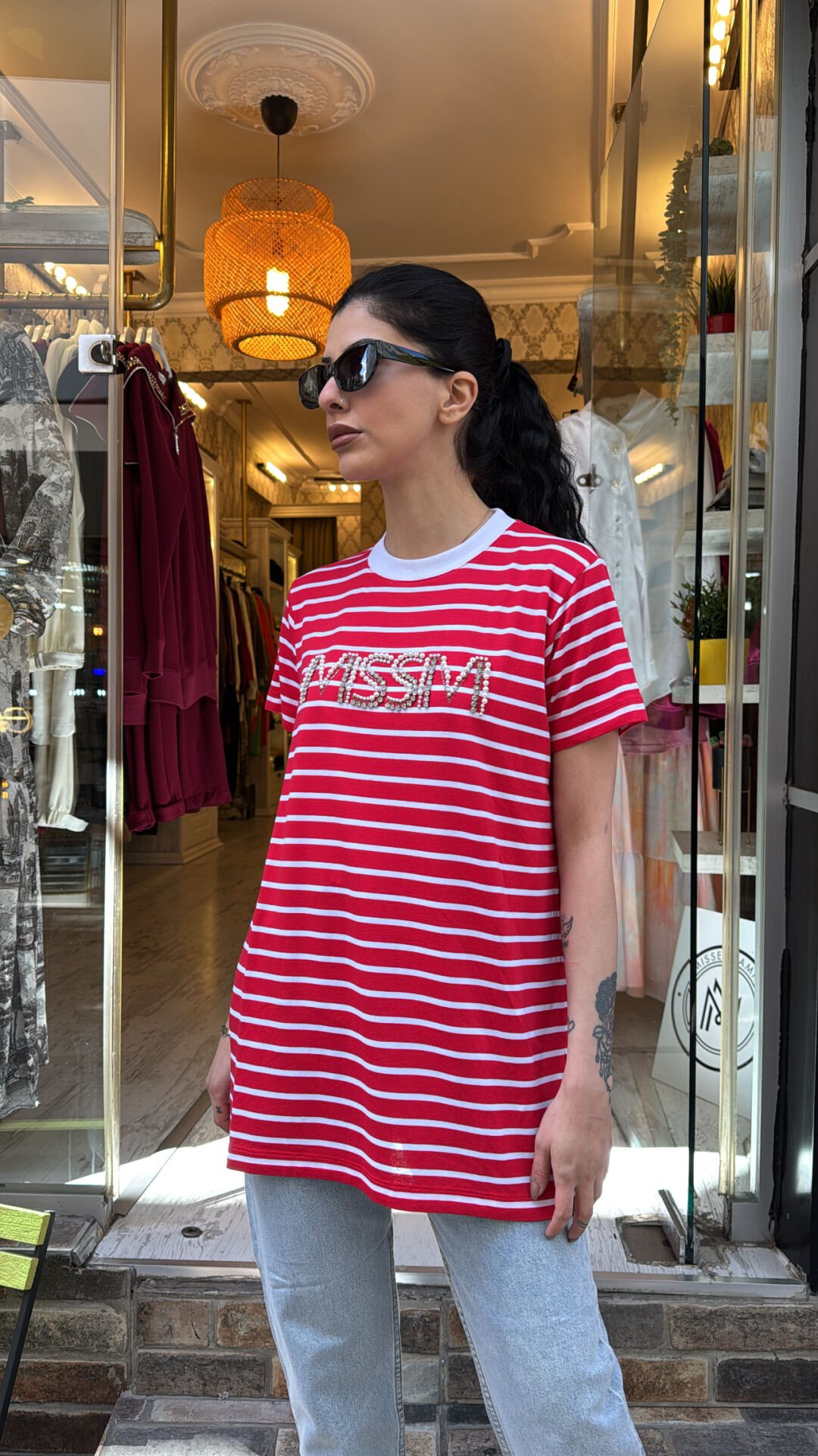 4734 Taşlı Çizgili Tshirt - Kırmızı