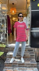 4734 Taşlı Çizgili Tshirt - Kırmızı