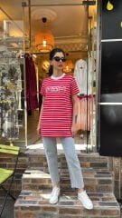 4734 Taşlı Çizgili Tshirt - Kırmızı