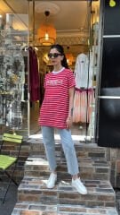 4734 Taşlı Çizgili Tshirt - Kırmızı