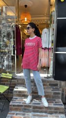 4734 Taşlı Çizgili Tshirt - Kırmızı
