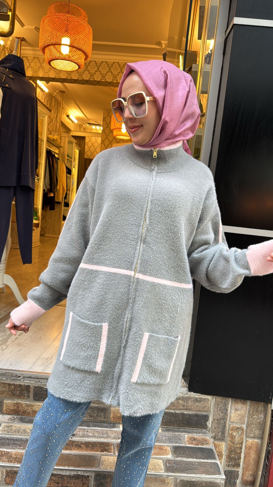 25027 Angora Fermuarlı Ceket - Gri-Pudra